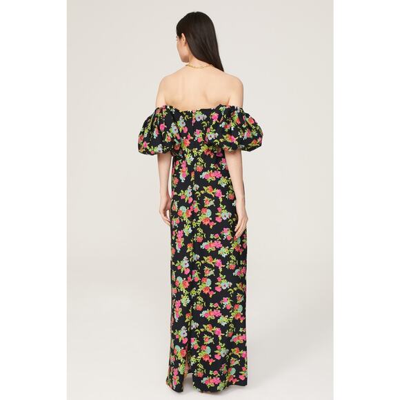 CAROLINE CONSTAS Reyna Black Floral Puff Sleeve Empire Waist Maxi Dress Size M - Picture 2 of 16